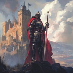 Naklejka premium Knight, sword, red cape, castle, landscape.