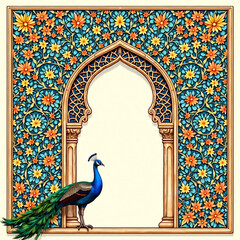 Invitation design featuring middle eastern seamless pattern and Mughal arch with peacock illustration generative ai 2025.