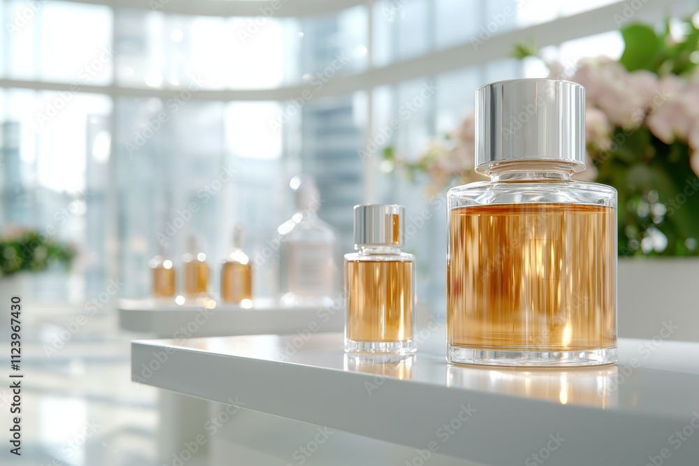 Aufkleber high-tech lab bench displaying multiple serum bottles modern environment scientific showcase aesthet