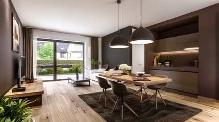 Fototapeta premium Spacious living room features a dining table and stylish decor, with large windows allowing ample natural light and views of greenery