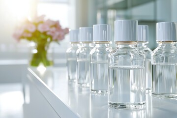 High-tech lab bench displaying multiple serum bottles modern laboratory product bright environment close-up view scientific innovation