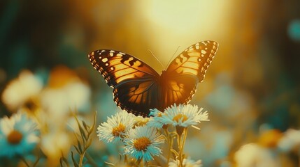Butterfly on flowers at sunset.