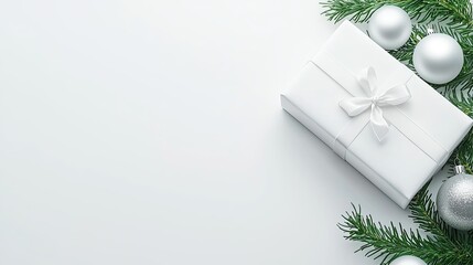 Elegant White Gift Box with Silver Decorations Surrounded by Greenery for Holiday Season Celebration