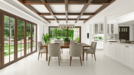 Fototapeta premium Spacious dining area showcases a wooden table, stylish chairs, and views of a lush garden through large windows