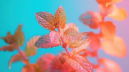 Close-up of vibrant mint leaves with a colorful, blurry background.
