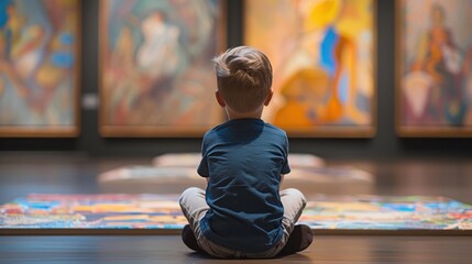 A young boy observes colorful artwork displayed in an art gallery, immersed in creativity and inspiration in a peaceful environment
