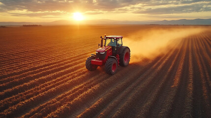 Obraz premium Red tractor plowing a dry field at sunset with dust trail. Scenic agricultural landscape with mountains and cloudy sky. Background for design and print