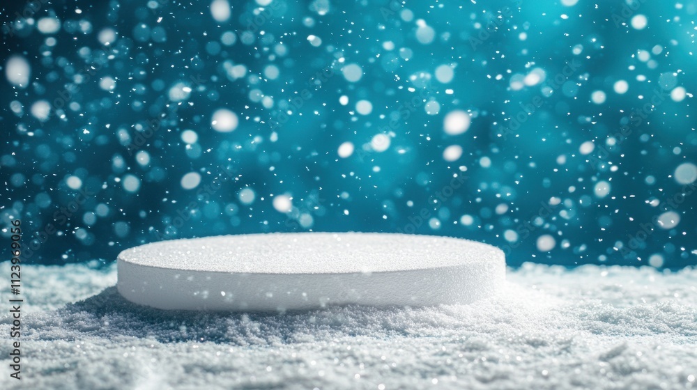 Poster white round podium on snowy ground with a teal bokeh background and falling snow.