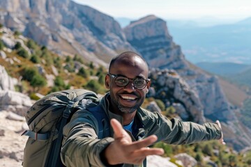 A joyful Black man dressed for hiking enjoys the alpine mountain in Spain, extending his hand as an invitation to nature\'s beauty