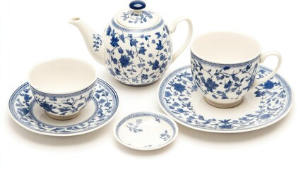 Fototapeta premium Elegant Blue and White Porcelain Tea Set Featuring Floral Patterns and Classic Design for Stylish Table Settings