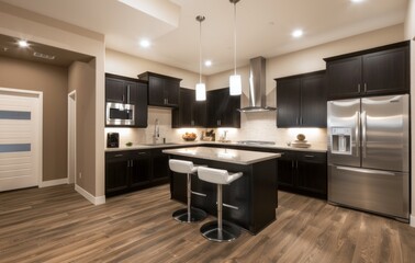 Fototapeta premium Contemporary kitchen features dark wood cabinets, stainless steel fridge, and a spacious island perfect for cooking and dining