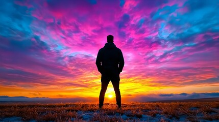 Fototapeta premium Silhouette of Hope: A lone figure stands tall against a breathtaking backdrop of vibrant, swirling clouds and a blazing sunset, symbolizing resilience, introspection, and the promise of a new dawn. 