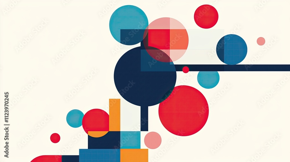 Poster abstract geometric composition with bold colors and shapes featuring circles and squares on a light 