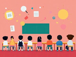 Obraz premium Diverse Classroom Illustration with Students Sitting, Engaging with Colorful Educational Graphics on Pink Background