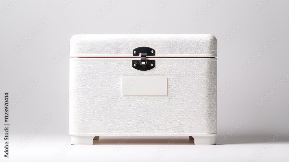 Poster white decorative box with lock designed for organizing and storing various items on a clean backgrou