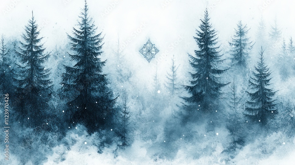 Poster mystical winter forest scene with snow falling and a mysterious symbol in the distance.