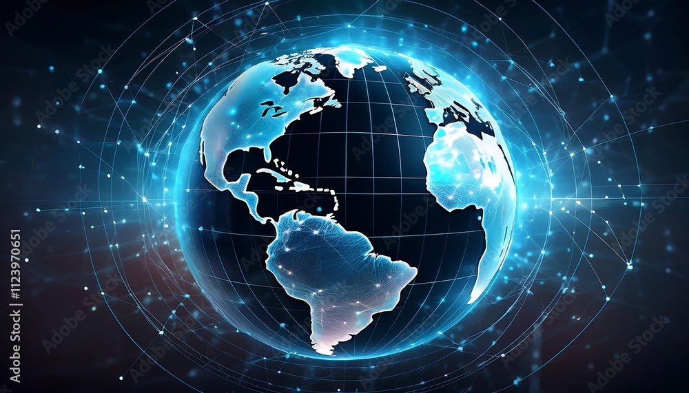 Poster a digital representation of earth with interconnected nodes, symbolizing global communication and ne