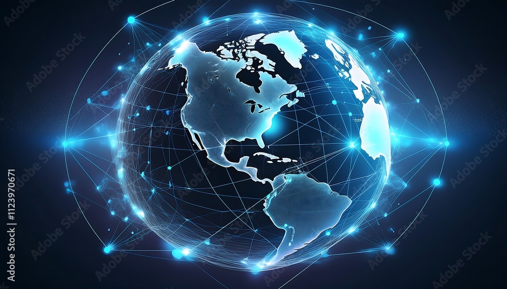 Poster a digital representation of earth with interconnected nodes, symbolizing global communication and ne
