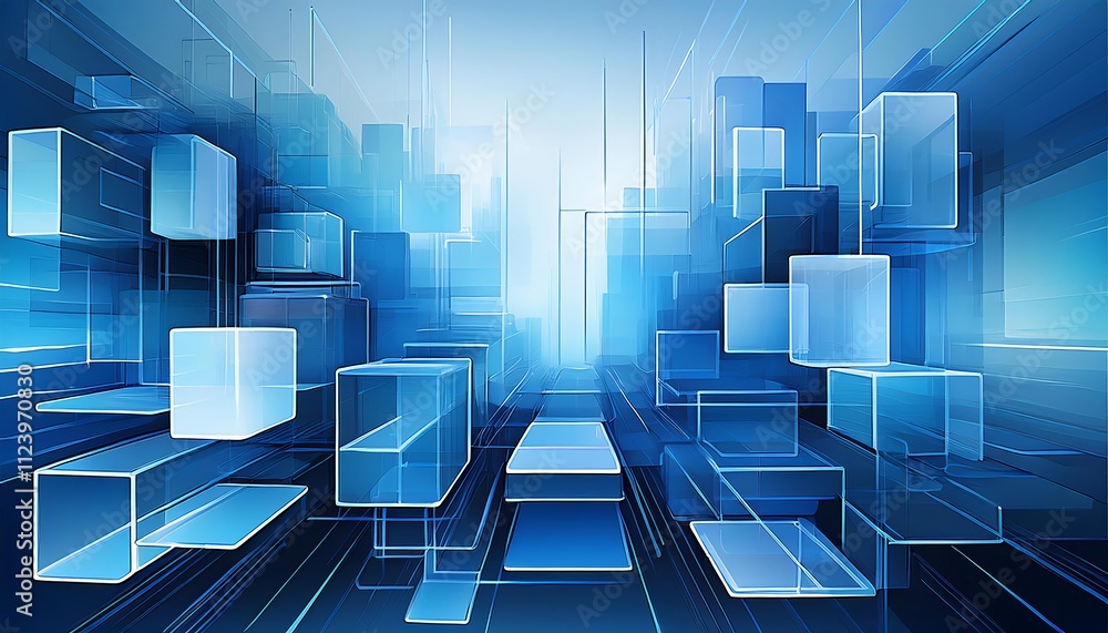 Poster a gradient blue background features scattered, translucent squares, creating a technological, abstra