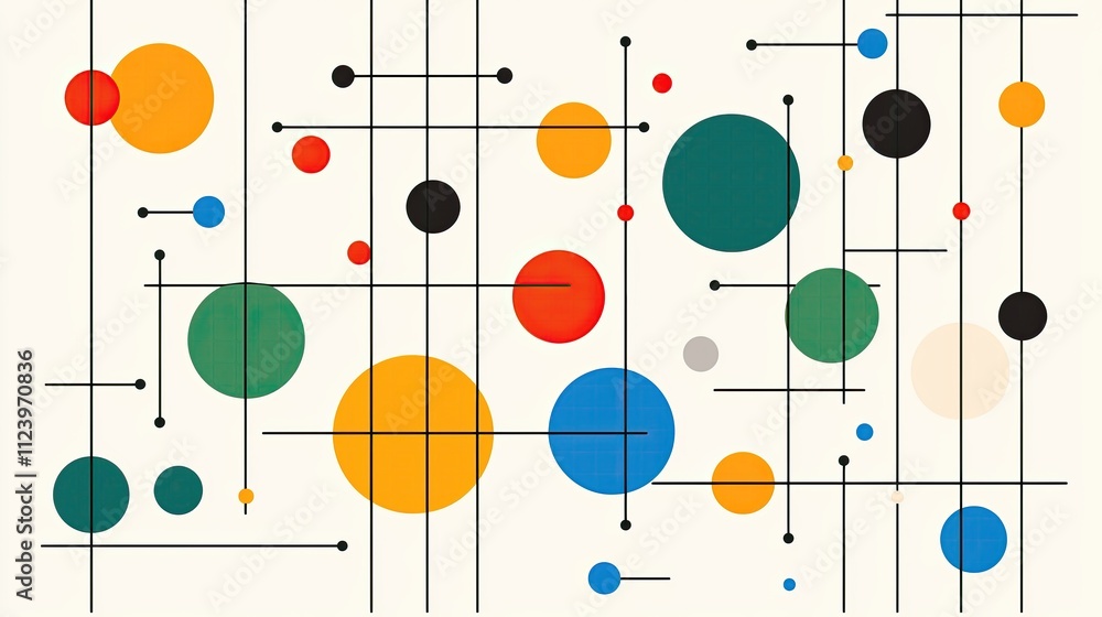Poster abstract geometric composition with colorful circles and lines for modern design and creative projec