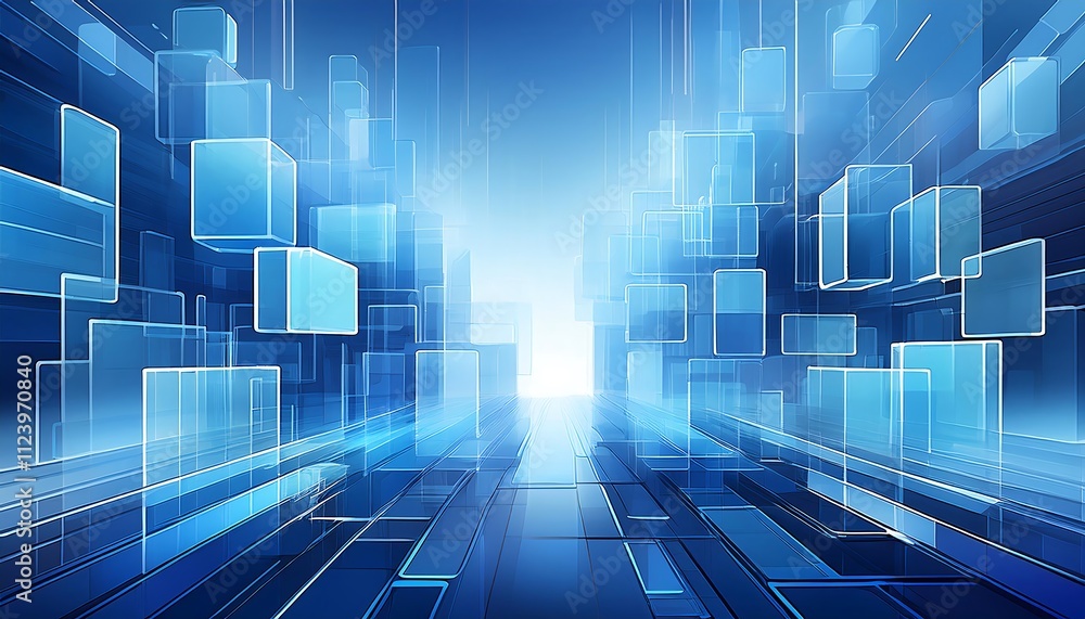 Poster a gradient blue background features scattered, translucent squares, creating a technological, abstra