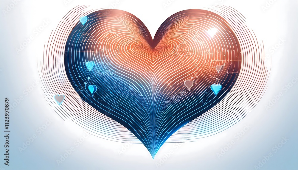 Aufkleber a heart shape with intricate lines and a gradient of red and blue colors, with small heart icons sca