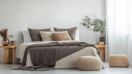 Fototapeta premium This bright bedroom showcases a modern design with a gray and beige bed, simple decor, and large glass doors leading to a balcony with greenery