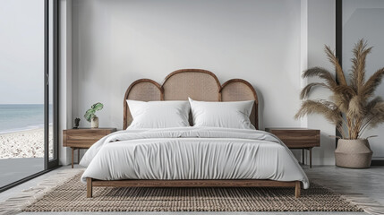 Fototapeta premium This minimalist bedroom showcases a wooden bed with white bedding, accented by ocean views through a large glass window