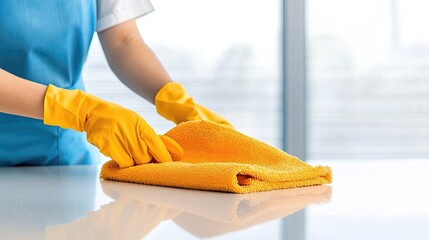 Vibrant Yellow Cleaning Cloth Used by Person in Blue Apron for Housekeeping and Sanitation in Modern Environment