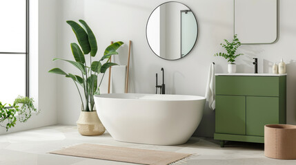 Fototapeta premium Modern bathroom showcases a stylish bathtub and shower setup, complemented by yellow recessed lighting and a double sink vanity