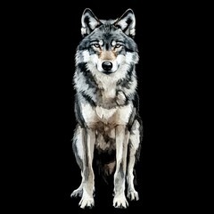 Obraz premium Watercolor Illustration of a Wolf Sitting Against a Black Background