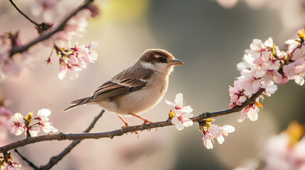 Fototapeta premium sparrow sitting on the cherry blooming flowers.ai generative