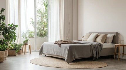 Fototapeta premium Bright bedroom showcases a gray and beige bed, simple decor, and large glass doors leading to a balcony filled with greenery