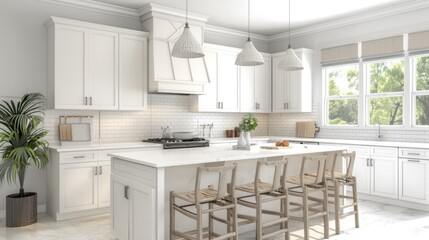 Fototapeta premium Clean lines and natural light fill the bright kitchen, showcasing white cabinetry, a large island, and stylish wooden stools