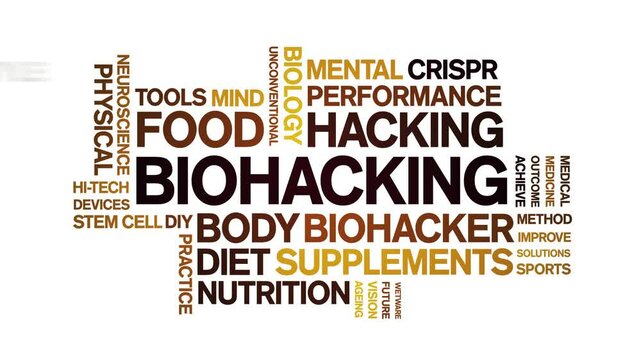Biohacking animated word cloud;text design animation tag kinetic typography seamless loop.
