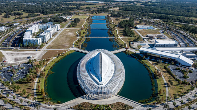 Polk City, FL, USA - December 7, 2024:  Afternoon aerial view of the Innovation, Science, and Technology building at Florida Polytechnic University, Polk City, Florida, USA.