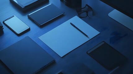 Fototapeta premium Blue Desk Workspace With Office Supplies And Technology