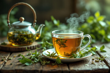This image shows a cup of hot herbal tea with green leaves on a wooden table, bokeh background, creating a natural relaxing atmosphere - Ai Generated V.2