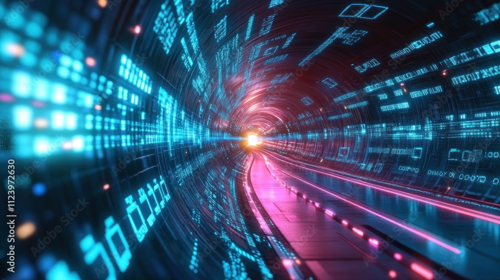 Poster futuristic data tunnel with glowing neon lights and digital codes.