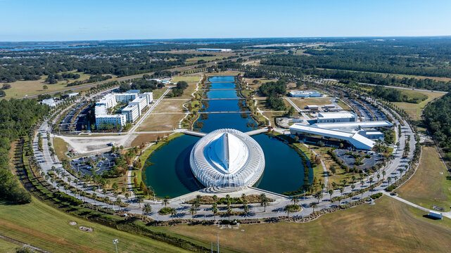 Polk City, FL, USA - December 7, 2024:  Afternoon aerial view of the Innovation, Science, and Technology building at Florida Polytechnic University, Polk City, Florida, USA.