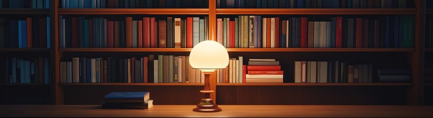 Illuminated Table Lamp In A Wooden Bookshelf Library