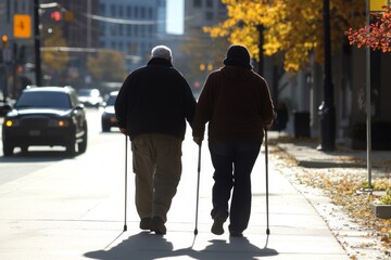 Elderly couple enjoys a leisurely autumn stroll on a quiet city sidewalk while using walking canes