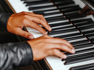 Obraz premium Hands of a Musician Playing the Piano in a Stylish Black Jacket with Elegant Black and White Keys in Focus