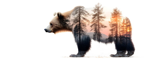 Obraz premium Portrait of a bear silhouette with a pine forest inside. Majestic silhouette of a European brown bear in double exposure against a lush forest landscape. In scarlet and dark blue tones