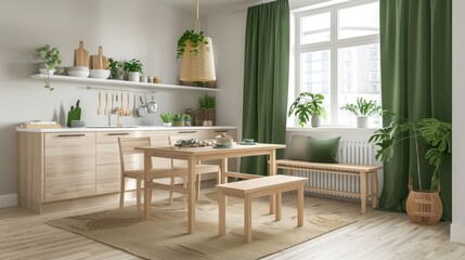Fototapeta premium This kitchen features a wooden dining table, green curtains, and a bright, inviting interior filled with plants and natural light