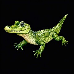 Obraz premium Watercolor Illustration of a Green Crocodile on a Black Background