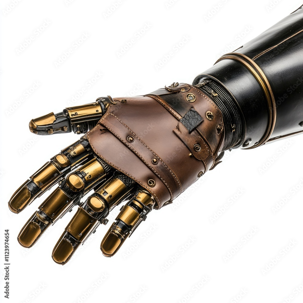 Poster detailed close-up of a mechanical robot hand with leather and metal elements ideal for technology an