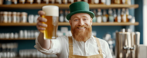 Happy man with long red beard and moustache in green top hat holding glass of beer in bar. St. Patrick's Day, Irish culture, pub, celebration.