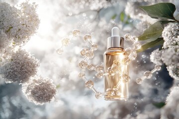 Fototapeta premium Glowing serum bottle with floating molecules botanical setting digital art nature macro shot beauty concept