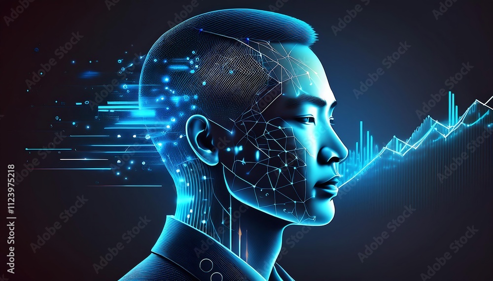 Poster digital rendering of a human head with blue circuitry and rising data points in the background.